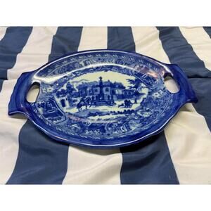 Antique VICTORIA IRONSTONE Flow Blue Platter / Tray with Handles
